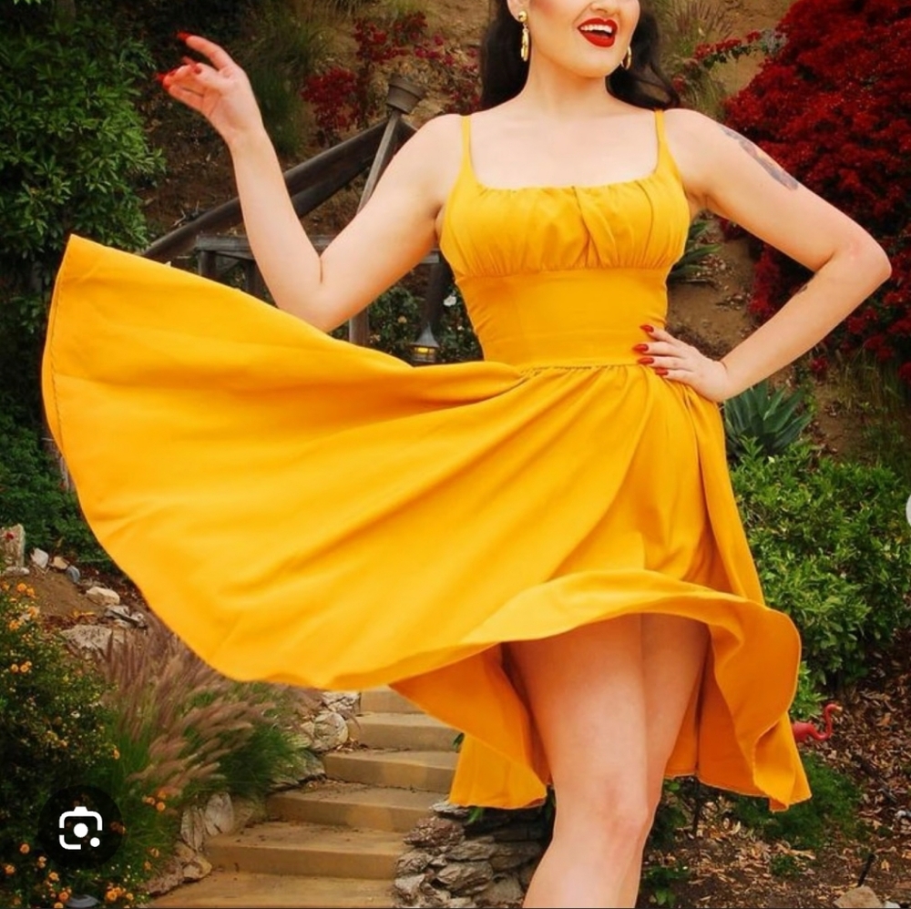 New! PUG Mustard Holly Pinup Couture Swing Dress Large